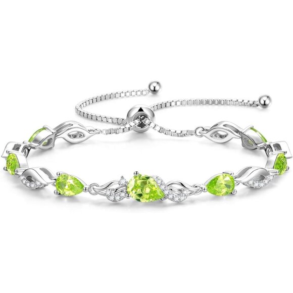 Teardrop Silver Birthstone Tennis Bracelet 9x7mm Gemstone - 08-Peridot